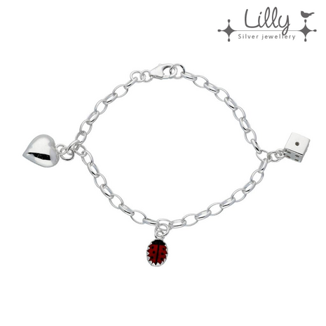 Lilly 104.0082 - Lilly zilveren kinder bedelarmband met zilveren hartje, lieveheersbeestje en dobbelsteen - lengte 16 cm